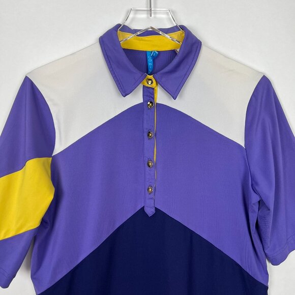 GG Blue Top Womens L Purple Blue White Yellow Colorblock Golf Tennis Pickle Ball - Picture 2 of 13